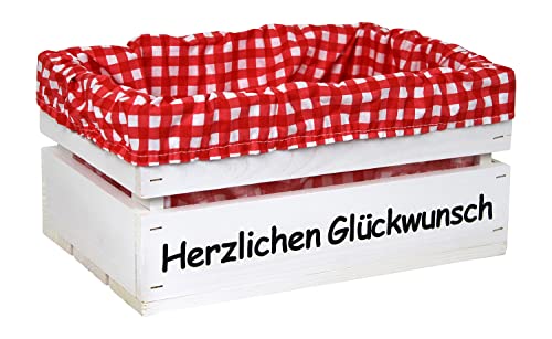 HW HOLZKISTEN-WELT Holzkiste Weiß mit Aufdruck Herzlichen Glückwunsch mit Stoffeinlage Rot Weiß - Stiege Steige Geschenkverpackung Präsentkorb Geschenk von HW HOLZKISTEN-WELT