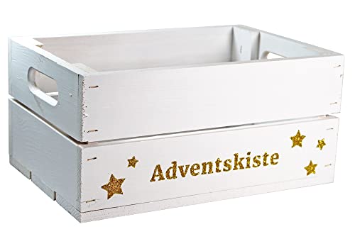 HW HOLZKISTEN-WELT Holzkiste Weiß mit Gold-Glitter-Aufdruck Adventskiste - Stiege Steige Weihnachten Präsentkorb Geschenk von HW HOLZKISTEN-WELT