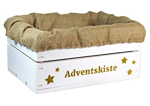 HW HOLZKISTEN-WELT Holzkiste Weiß mit Gold-Glitter-Aufdruck Adventskiste mit Juteeinlage - Stiege Steige Weihnachten Präsentkorb Geschenk von HW HOLZKISTEN-WELT