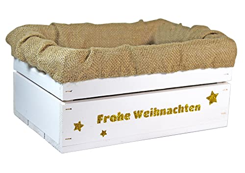 HW HOLZKISTEN-WELT Holzkiste Weiß mit Gold-Glitter-Aufdruck Frohe Weihnachten mit Juteeinlage - Stiege Steige Präsentkorb Geschenk von HW HOLZKISTEN-WELT