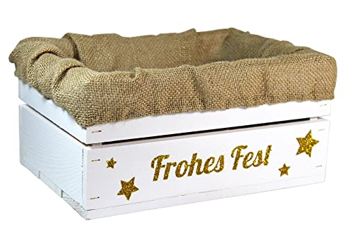 HW HOLZKISTEN-WELT Holzkiste Weiß mit Gold-Glitter-Aufdruck Frohes Fest mit Juteeinlage - Stiege Steige Weihnachten Präsentkorb Geschenk von HW HOLZKISTEN-WELT