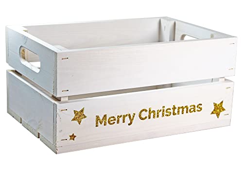 HW HOLZKISTEN-WELT Holzkiste Weiß mit Gold-Glitter-Aufdruck Merry Christmas - Stiege Steige Weihnachten Präsentkorb Geschenk von HW HOLZKISTEN-WELT