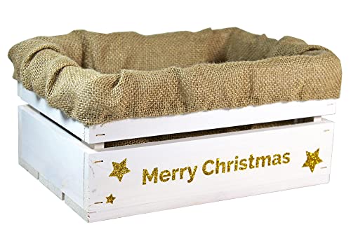 HW HOLZKISTEN-WELT Holzkiste Weiß mit Gold-Glitter-Aufdruck Merry Christmas mit Juteeinlage - Stiege Steige Weihnachten Präsentkorb Geschenk von HW HOLZKISTEN-WELT