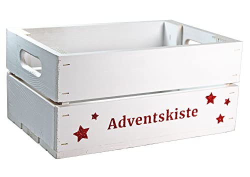 HW HOLZKISTEN-WELT Holzkiste Weiß mit Rot-Glitter-Aufdruck Adventskiste - Stiege Steige Weihnachten Präsentkorb Geschenk von HW HOLZKISTEN-WELT