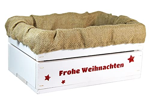 HW HOLZKISTEN-WELT Holzkiste Weiß mit Rot-Glitter-Aufdruck Frohe Weihnachten mit Juteeinlage - Stiege Steige Präsentkorb Geschenk von HW HOLZKISTEN-WELT