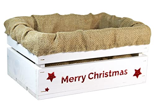 HW HOLZKISTEN-WELT Holzkiste Weiß mit Rot-Glitter-Aufdruck Merry Christmas mit Juteeinlage - Stiege Steige Weihnachten Präsentkorb Geschenk von HW HOLZKISTEN-WELT