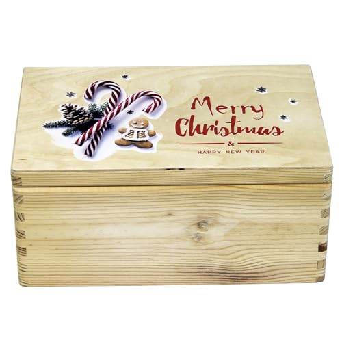 Holzkiste mit Klappdeckel und Grifflöchern mit Aufdruck Merry Christmas and Happy New Year Geschenkbox von HW HOLZKISTEN-WELT