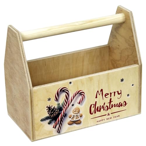Holzkiste mit Tragegriff mit Aufdruck Merry Christmas and Happy New Year Geschenkbox von HW HOLZKISTEN-WELT