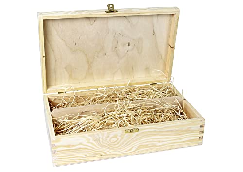 HW HOLZKISTEN-WELT Weinkiste Klappdeckel Verschluß Holzwolle Teiler 2 Flaschen 36x22x11,5cm - Holzkiste Weinbox Weinverpackung Kiste Deckel von HW HOLZKISTEN-WELT