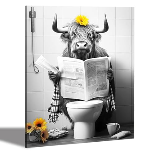 HW Hongwu Hochland-Kuh-Wandkunst auf Toilette – Schwarz-Weiß-Kuh-Bild im Badezimmer, 40,6 x 50,8 cm, lustiges Tier-Kunstwerk, Druckgemälde, Wanddekoration für Zuhause von HW Hongwu