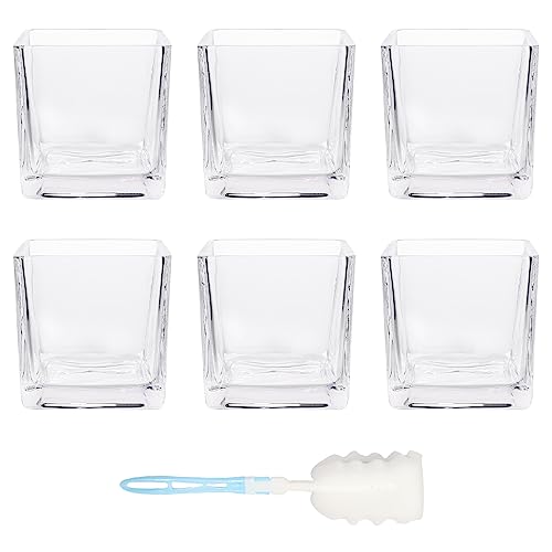HWASHIN Set mit 6 Glas-Würfel-Vasen, 10,2 x 10,2 cm, klare quadratische Blumenvasen mit Schwammbürste, Kerzenhalter, dekorative Tafelaufsätze für Zuhause, Veranstaltungen oder Hochzeiten von HWASHIN
