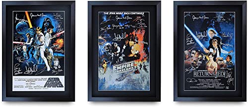 HWC Trading A3 FR Das Star Wars-Trilogie-Film-Plakat-Sammlung Cast Signed Geschenk gerahmt Printed Autogramm Mark Hamill Harrison Ford Carrie Fisher Alec Guinness Geschenke drucken Foto Bild anzeigen von HWC Trading