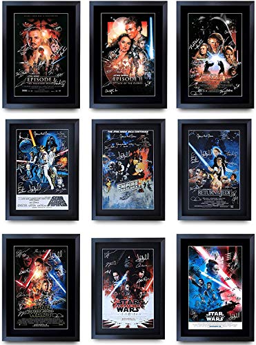 HWC Trading A3 FR Star Wars komplette Saga Movie Poster Sammlung Cast Signed Geschenk gerahmt Printed Ford Hamill Fisher Portman Ridley McGregor Geschenke drucken Fotobildanzeige von HWC Trading