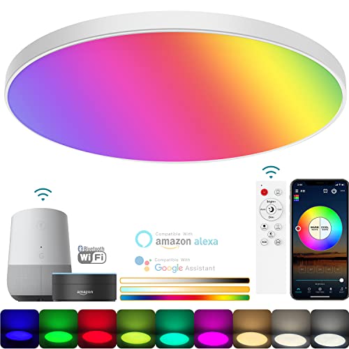 HWCX-LICHT LED Deckenleuchte RGB Farbwechsel Alexa Deckenlampe Smart Schlafzimmer Lampe, Wifi Schlafzimmerlampe Dimmbar Fernbedienung und APP Sprach Steuerbar, Zimmerlampe decke Rund, Weiß, Ø30cm von HWCX-LICHT