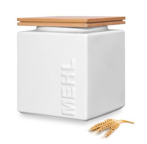 HWG-Home® - Mehl Aufbewahrung Luftdicht 1kg - für lange Haltbarkeit - Design Mehlbehälter und Vorratsdose aus Keramik eckig platzsparend stapelbar von HWG-Home