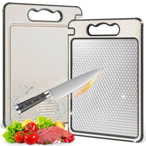 Doppelseitiges Schneidebrett, Schneidebrett Edelstahl, schneide-brett weizenstroh, stainless steel cutting board, schneide-brett spülmaschinenfest, BPA-frei, für Fleisch, Gemüse und Obst (A) von HWJPDMBD