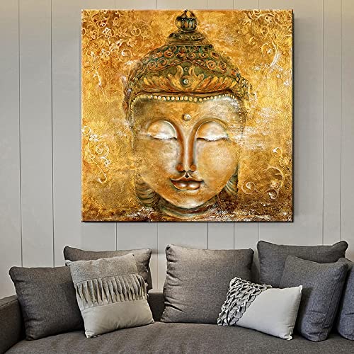 HWNU Wandkunst Bilder Leinwand Gemälde Gold Buddha Kopf auf Leinwand Wohnkultur Wandposter Buddha Drucke für Wohnzimmer Wanddekoration Rahmenlos (no frame50x50cm) von HWNU
