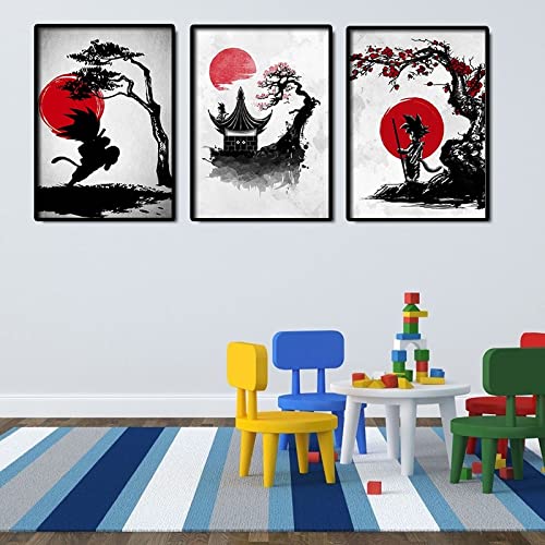 Leinwand Wandmalerei Klassischer Anime Dragon Ball Tinte Rot Schwarz Poster Goku Wandgemälde Heim Wandbild für Wohnzimmer Junge Schlafzimmer Dekoration Rahmenlos (50X70cmx3 Unframed) von HWNU