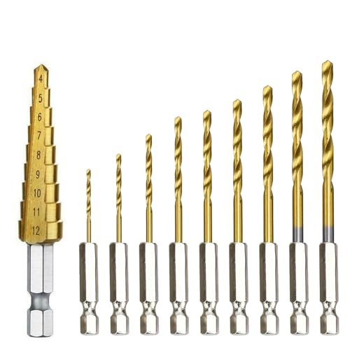 10 Stück Metallbohrer Set, Robust und Einfach zu Bedienen, 1,5-5 mm Titan Bohrerset Und 4-12 mm Stufenbohrer, für Bohren von Dünnen Platten wie Holzbrettern, Eisenplatten usw (Gold) von HWTONG