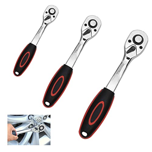 HWTONG 3 Stück Umschaltknarre,Ratsche 3/8 zoll, Knarre 1/4 zoll,Ratsche 1/2 zoll,Antrieb mit 72 Zähnen, Ergonomischem Griff von HWTONG
