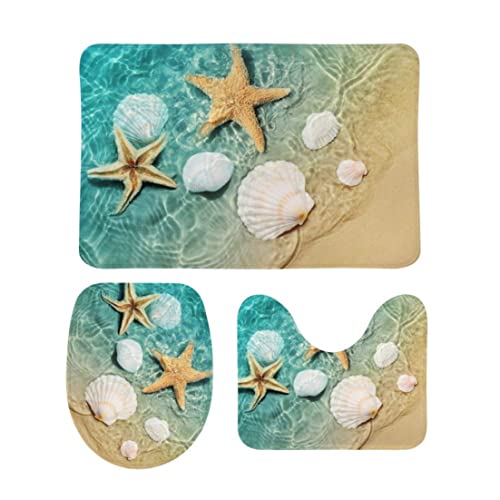 HWXZUUO Beach Badezimmer Teppichs Set von 3, weich absorbierende Strandbadezimmerset, Nicht silp waschbarer Toilettenabdeckung, süßer Muschelteppich von HWXZUUO