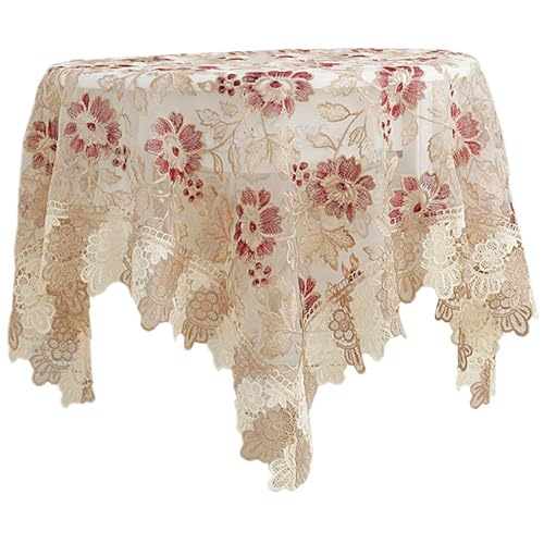 Round Tablecloth Embroidery Square Floral Round Table Cloth with Lace Trim Oilproof Heat & Scratch Resistant Polyester Coffee Table Cloth for Home, Hotel, Restaurant Decor Round Table Cloth von HWXZUUO