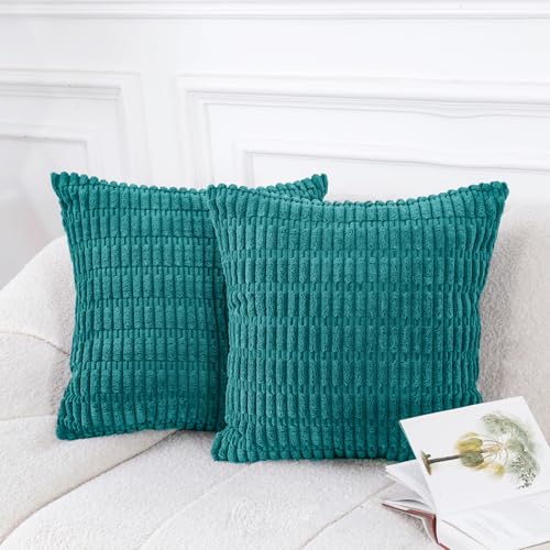 HWY 50 Cord Kissenbezüge 40x40 cm 2er Set blaugrün grob gestreift texturiert, weiche luxuriöse dekorative Sofakissenbezüge für Couch Sofa Wohnzimmer Bett von HWY 50
