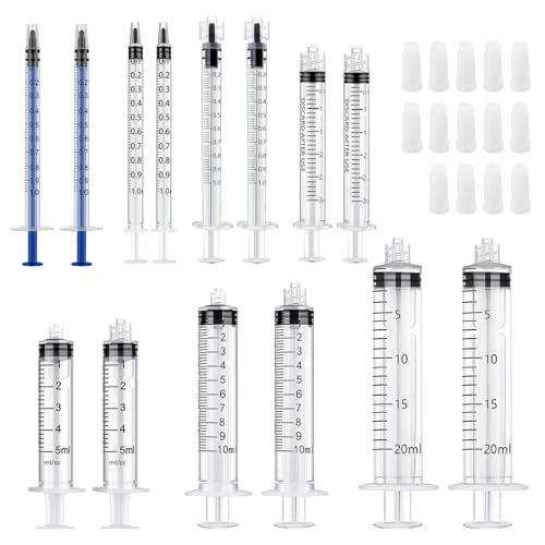 14 Stück Spritze, 1 ml 3 ml 5 ml 10 ml 20 ml Spritzen Set Dosierspritze Ohne Nadel Kunststoffspritzen mit Kappen für Labor Kleine Haustierfütterung Nachfüllen und Messen von Flüssigkeitens von HXC