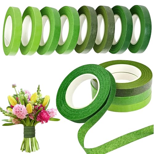 8 Rollen Floristenkrepp 216 Meter HXC 12 mm Breit Floristenband Grünes Klebeband Floral Tape Blumenband für Wrapping Blumensträuße und Floralen Handwerken (27m/Rolle) von HXC