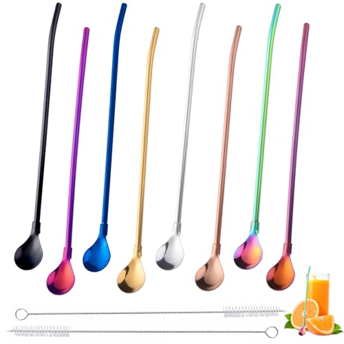 8 Stück Strohhalm mit Löffel Edelstahl 2 in 1 Strohhalme Trinkhalmlöffel Strohhalmlöffel Wiederverwendbare mit 2 Stück Reinigungsbürste für Als Latte Macchiato Cocktail Juice, 8 Farbe von HXC