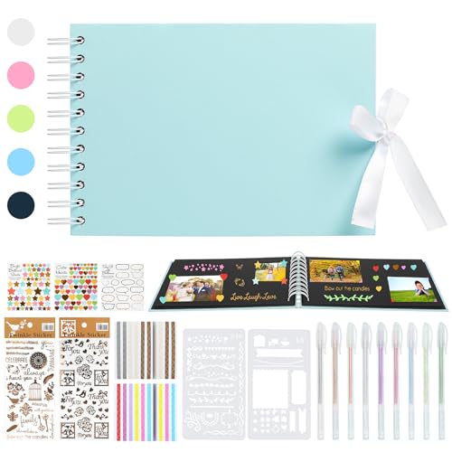 Fotoalbum zum Selbstgestalten, A5 Scrapbook Album Klein 60 Seiten Fotobuch zum Selbstgestalten DIY Geschenk Scrapbooking Set mit Stiften Schablonen Aufkleber Fotoecken, Blau von HXC