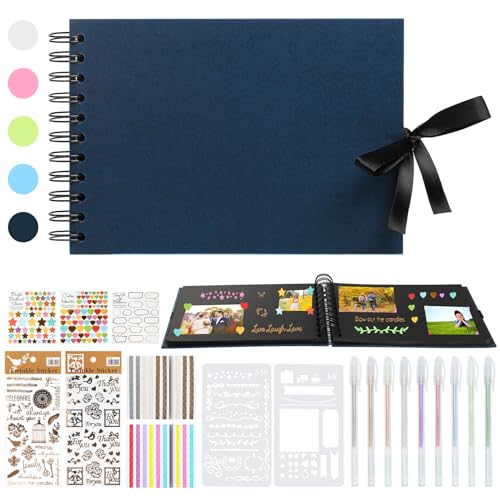 Fotoalbum zum Selbstgestalten, A5 Scrapbook Album Klein 60 Seiten Fotobuch zum Selbstgestalten DIY Geschenk Scrapbooking Set mit Stiften Schablonen Aufkleber Fotoecken, Dunkelblau von HXC