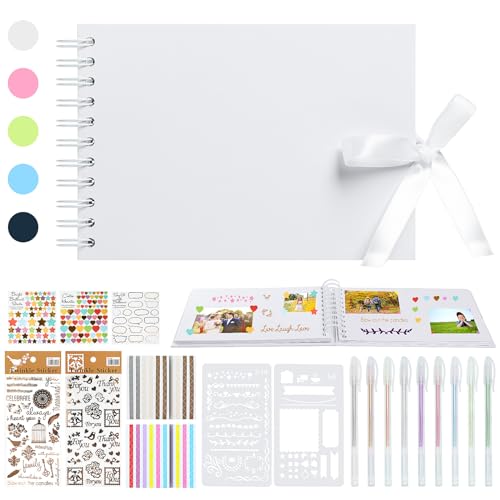 HXC Fotoalbum zum Selbstgestalten, A5 Scrapbook Album Klein 60 Seiten Fotobuch zum Selbstgestalten DIY Geschenk Scrapbooking Set mit Stiften Schablonen Aufkleber Fotoecken, Weiß von HXC