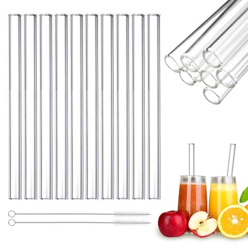 Glasstrohhalme 10 Stück, Strohhalme Glas Wiederverwendbar 21,5 cm Lange Gerade Glas Strohhalme Transparent mit 2 Reinigungsbürsten,für Cocktails,Bubble Tea,Smoothie und Säfte von HXC