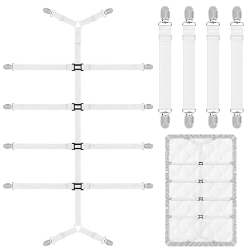HXC 5 Stück Bettlakenspanner Verstellbar Bettlaken Spanngurte mit Metallklammern Bettlaken Spanner Anti-Falten für Spannbettlaken Topper Bügelbrett Sofa Tischdecken, Weiß von HXC