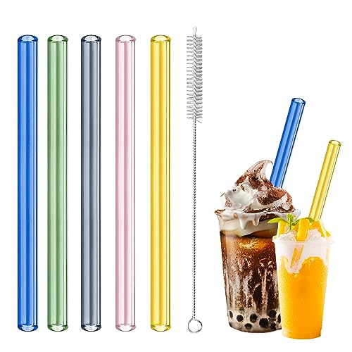 HXC 5 Stück Bunte Bubble Tea Strohhalme Glas 12MM Exra Dicke Strohhalme Glas Bubble Tea Strohhalme Wiederverwendbar Boba Tea Glasstrohhalme mit Reinigungsbürsten für Smoothie Säfte 21.5cm von HXC