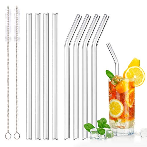 HXC Glasstrohhalme Wiederverwendbar Glas Strohhalme 4 Glasstrohalme Gebogen und 4 Glasstrohalme Geraden mit 2 Bürsten Transparente Trohhalme Zum Saft, Cocktail von HXC