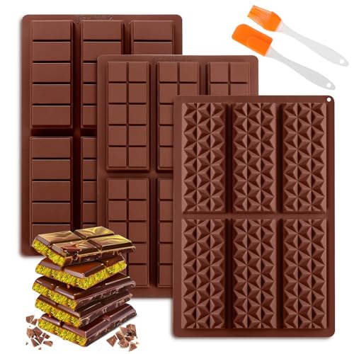 Schokoladenform Silikon 3 Stück 6 Tafeln Tief Schokoladentafel Silikonform BPA-frei Antihaft mit Silikonspatel Silikonbürste für DIY Dubai Schokolade Praline Süßigkeiten von HXC