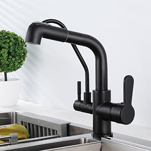 HXFFXHF 3-Wege Küchenarmatur mit Auszug Spray Drehwirtschaft heiß und kaltes Wasser Multifunktion Messing Küchenspüle Wasserhahnschwarz (schwarz) von HXFFXHF