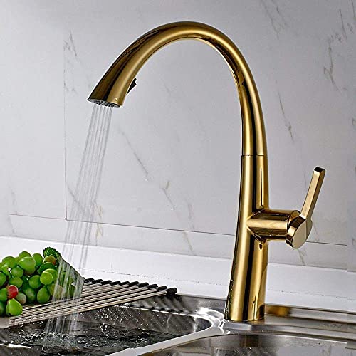 HXFFXHF Alle Kupfer Zr Gold Strip ziehen Sprühkopf, Küchenarmatur Küchenspüle Wasserhahn, Rotary -Eingriff Eingriffshahnmixer aus. von HXFFXHF
