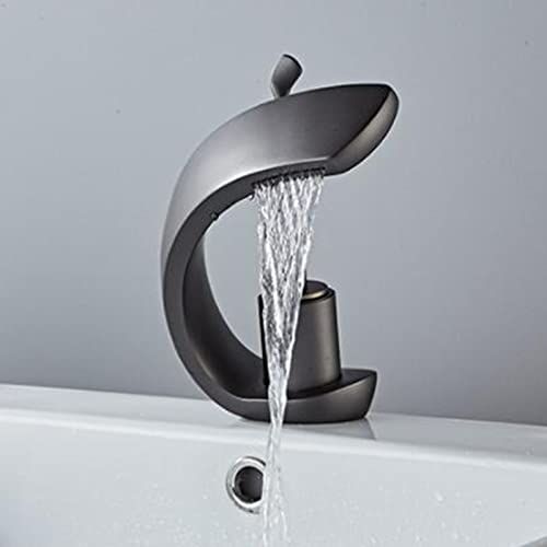 HXFFXHF Becken Armaturen Wasserfall Messing heißes Wasser und kaltes Wasser mit einem Loch Bad Wasserhahn-grau (schwarz+Chrom) von HXFFXHF
