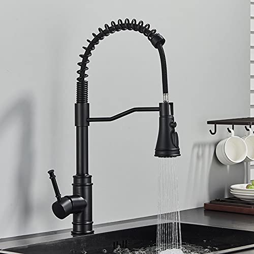 HXFFXHF Küchenspüle Wasserhahn für Barfarmhaus, schwarzer Nickel herausziehen Küchendeck Reittier drei Modi mit Klingenausstrich kostenloser Rotationsspüle Federarmaturen (schwarzer Wasserhahn) von HXFFXHF