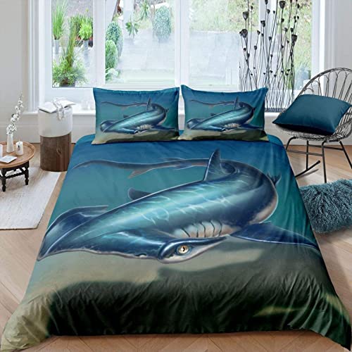 HXFGL Bettwäsche 135x200 Blauer Hammerhai Weiche 90gsm Mikrofaser 3D Muster Kind Bettbezug Set, Bettbezüge Mit 2 Kissenbezug 80x80 cm mit Reißverschluss von HXFGL