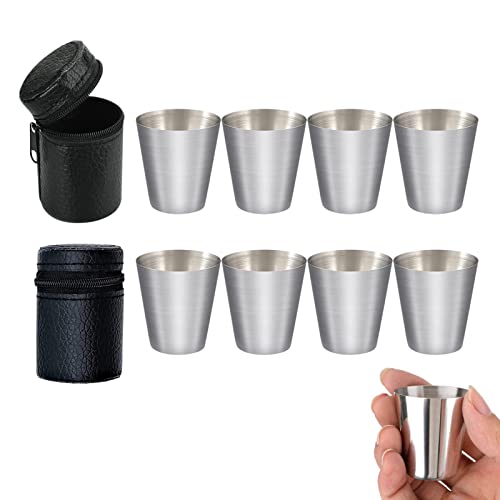 HXHWKEN 8 Stück Edelstahl Becher Stapelbare Metall Schnapsgläser 30ml Flachmannbecher mit Leder Tasche für Outdoor Urlaub Camping von HXHWKEN