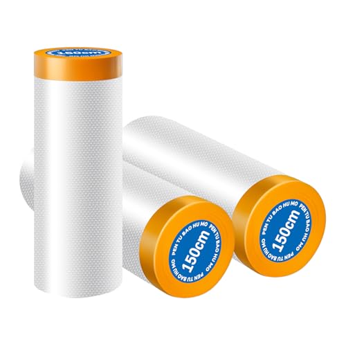 HXJDAM Malerfolie mit Klebeband, 150CMx20M - 3 Stück, Selbstklebende Malerfolie mit UV-Schutz (Goldband) für Autowände von HXJDAM