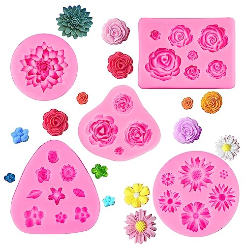 HXMJIED 5 Pcs Silikon Blumenformset, 3D Rosenform Fondant Blumenform Schokolade Icing Blumenform Cake Decorating Baking Soap Candy Jelly Sugar Craft Rosa von HXMJIED