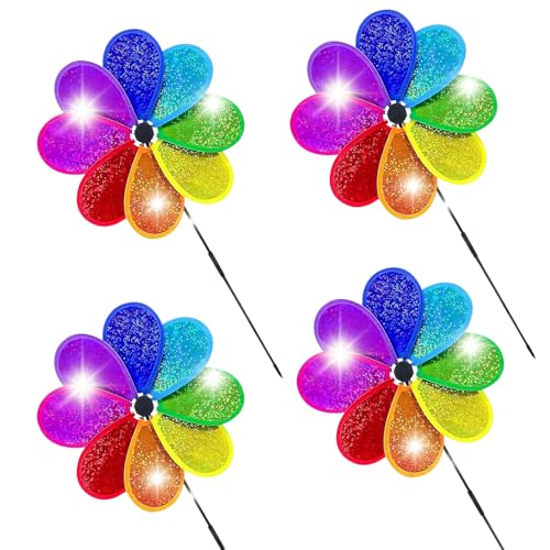 HXNH 4 Stück Blumen-Windmühle Regenbogen glitzernde Windmühle Spinner für Hof, Garten, Balkon, Garten, Pfahl, Dekoration von HXNH