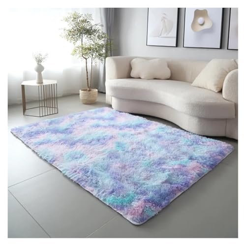 HXPKKX KANGYEBAIHUODIAN Passend for Batik-Teppich mit Farbverlauf, Wohnzimmer-Couchtischmatte, Plüsch, waschbar, volle Bodenmatte, Schlafzimmer-Bettdecke(Blue Rainbow) von HXPKKX