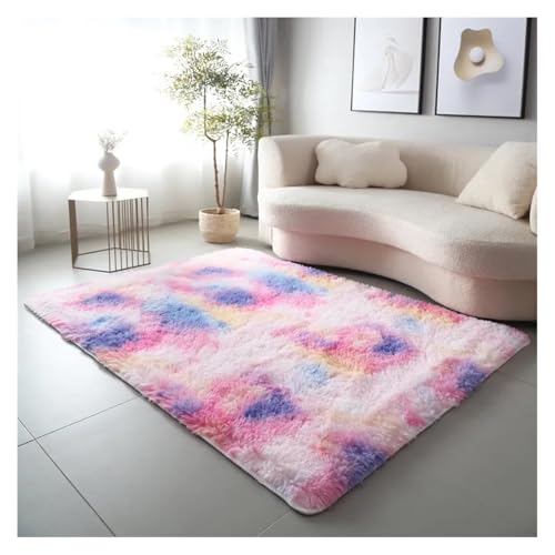 HXPKKX KANGYEBAIHUODIAN Passend for Batik-Teppich mit Farbverlauf, Wohnzimmer-Couchtischmatte, Plüsch, waschbar, volle Bodenmatte, Schlafzimmer-Bettdecke(Pink Rainbow) von HXPKKX