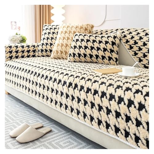 HXPKKX KANGYEBAIHUODIAN Passend for Lammsamt-Sofakissen mit Hahnentrittmuster, Winter-verdicktes Plüschkissen, Rutschfester Sofabezug, Bezugsstoff(D,M 110x110cm 1pc) von HXPKKX